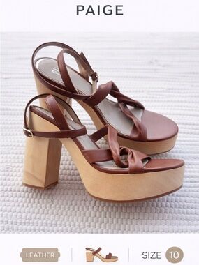 Paige Sienna Brown Leather Platform Sandal Block Heel Size 10